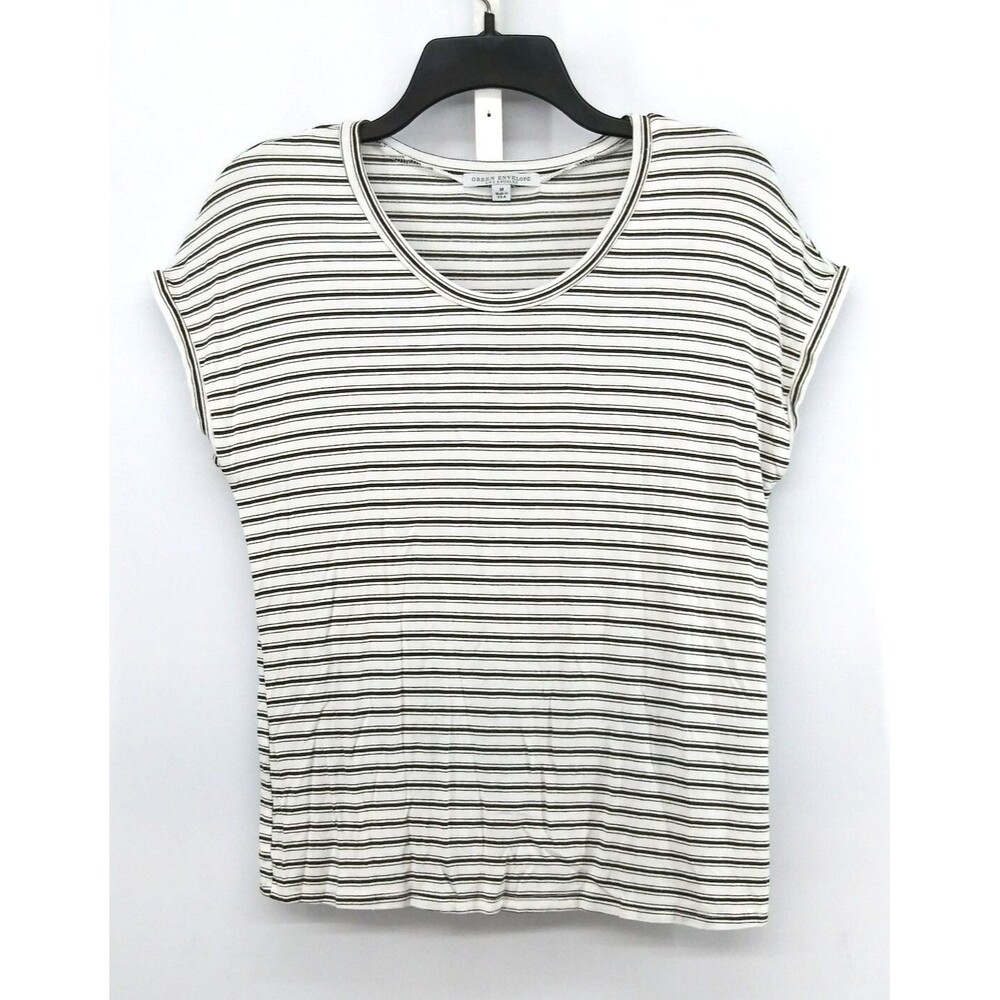 Green Envelope Shirt Women Size M White Black Striped Cap Sleeve Round Neck Top